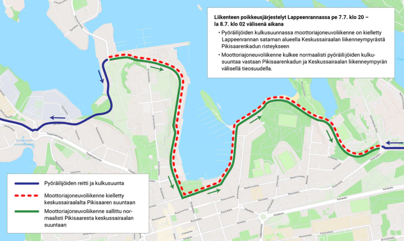 Lappeenrannan kartta, jossa merkattuna reitti Saimaa Cycle Tourilla 2023